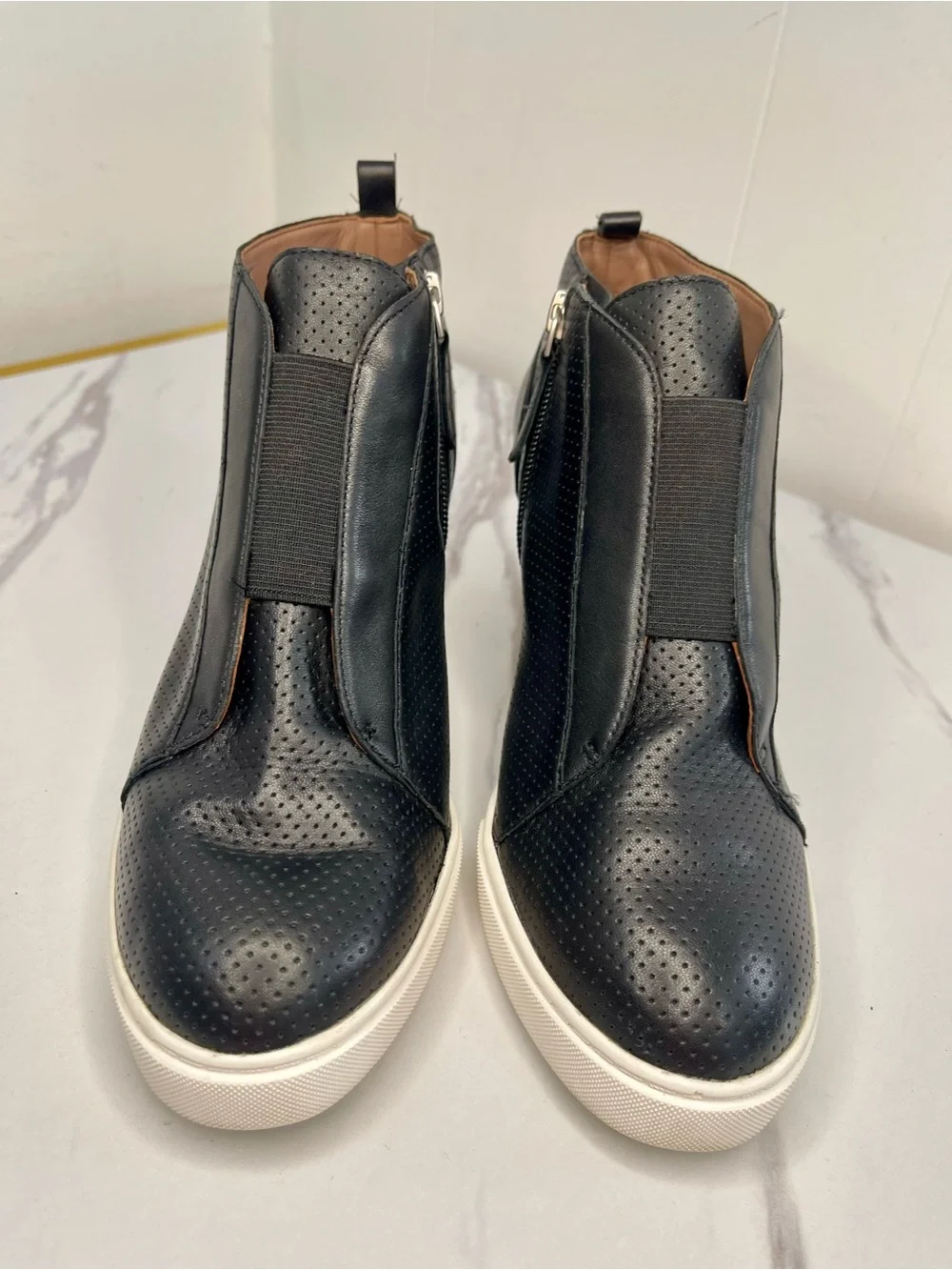 Linea Paolo Shoes Womens 7 M Black Anna Leather Wedge Ankle Boot Zip Comfort